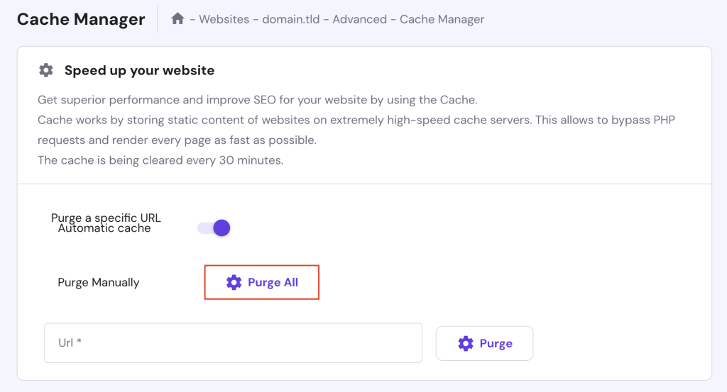 The Purge All button in the Cache Manager page of hPanel