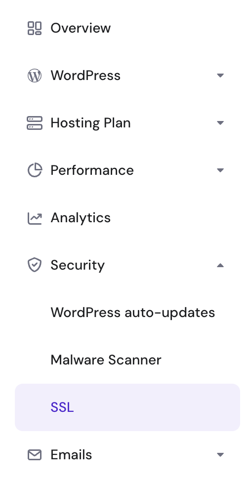 The SSL menu in hPanel