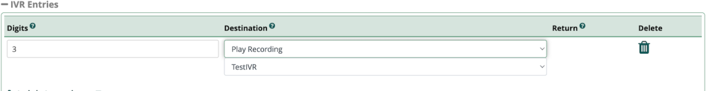 IVR entries configuration menu on FreePBX dashboard