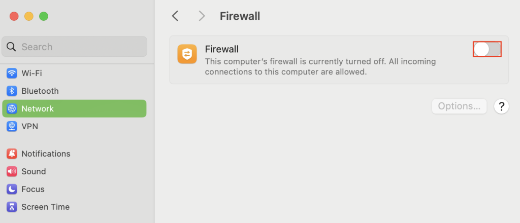 The Firewall option in macOS