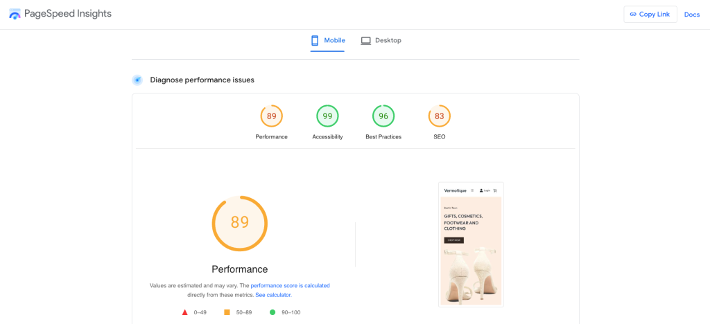 Mobile performance test on PageSpeed Insights