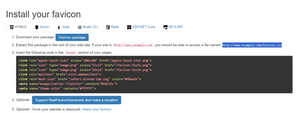 Real Favicon Generator installation guide page