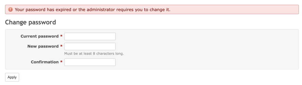 The Change password page in Redmine