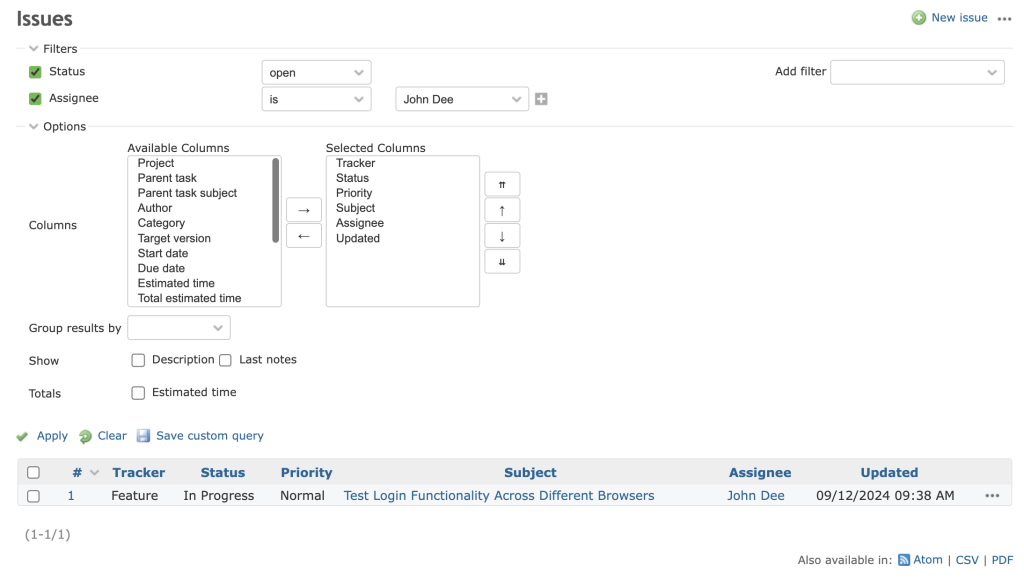 The issue filter options in Redmine