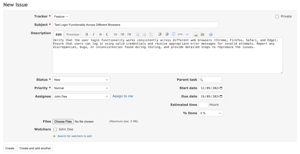 The New issue fields in Redmine