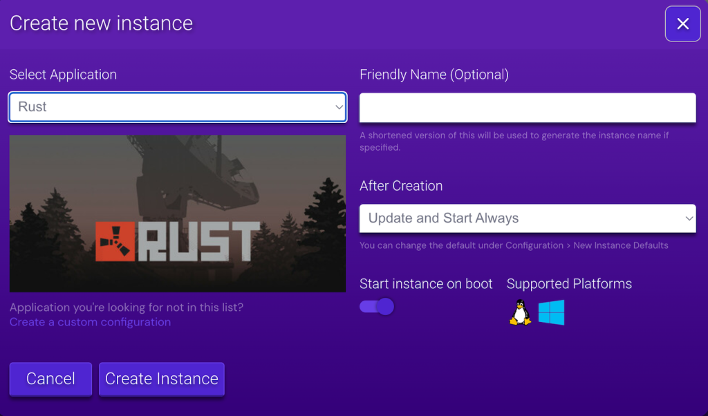 Rust instance creation in Hostinger Game Panel