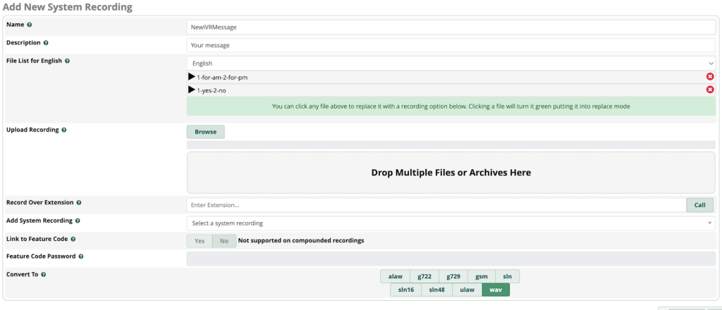 System recording setting menu on FreePBX dashboard