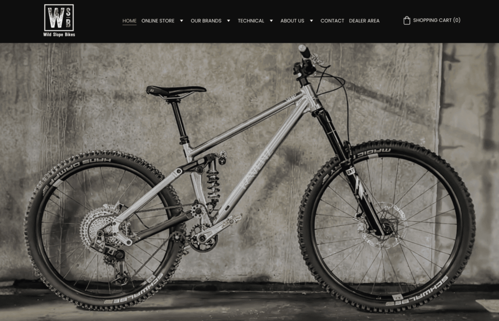 Homepage of Wild Slope Bikes, showing a complete bike