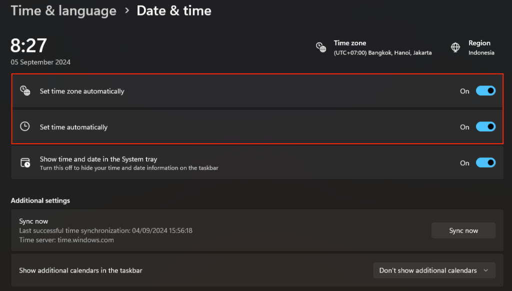 The Set time automatically and Set time zone automatically options in Windows