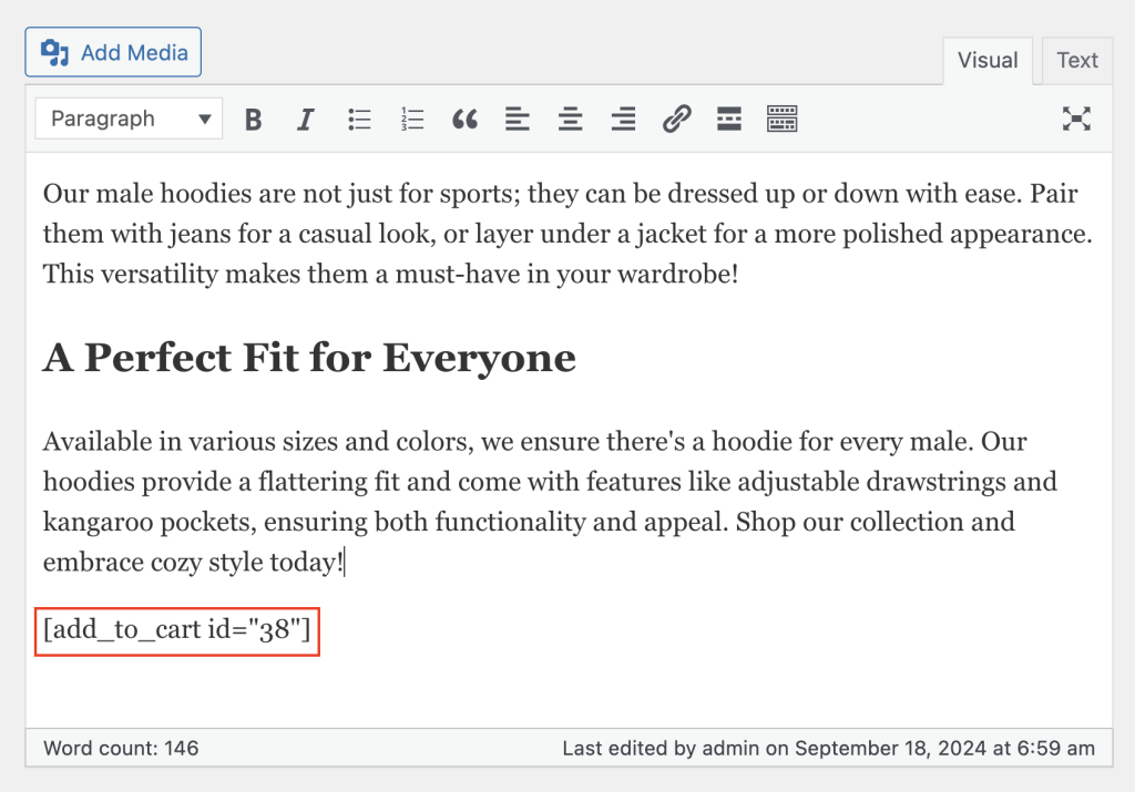 The add-to-cart shortcode in the WordPress classic editor