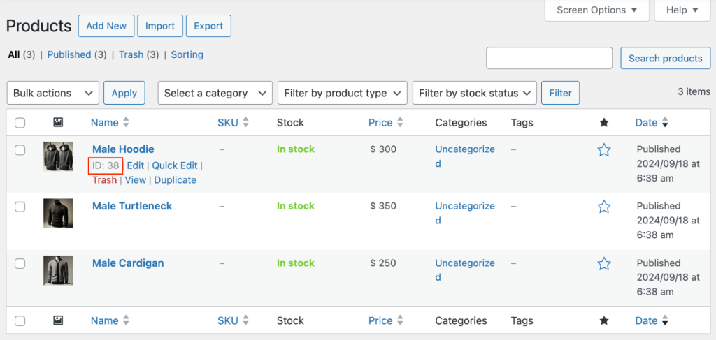 The product ID in WooCommerce's Products page of the WordPress dashboard