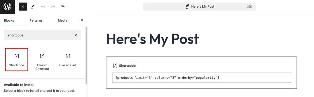 WordPress editor, highlighting the shortcode block