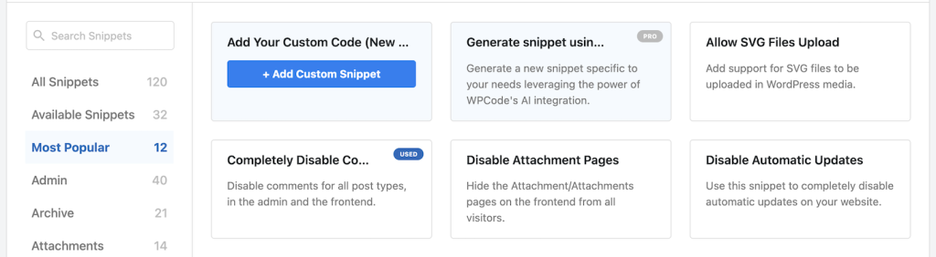 WPCode's Add Snippet menu