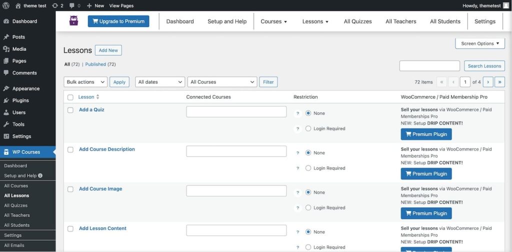 WP Courses LMS WordPress dashboard