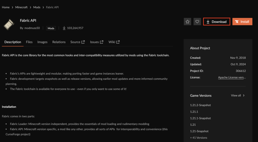 The Download button in the Fabric API page of CurseForge
