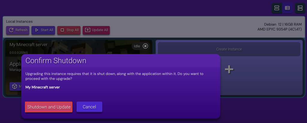The Shutdown and Update button under a Minecraft instance in Game Panel