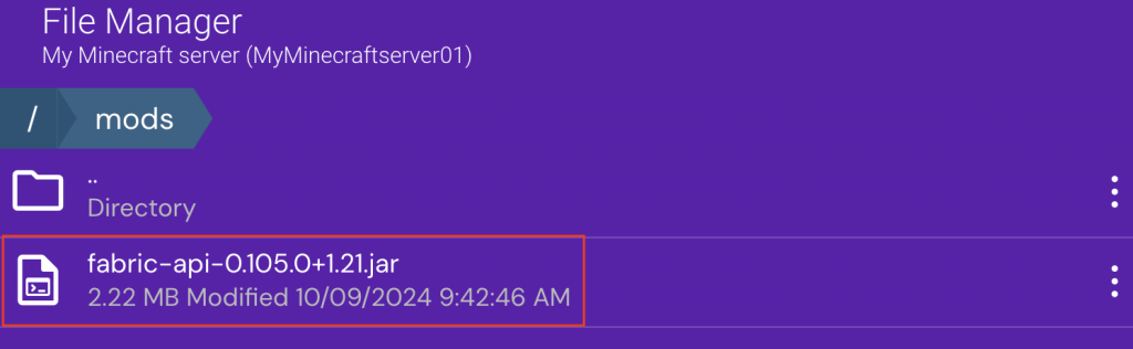 The Fabric API file in the mods folder of Game Panel's File Manager