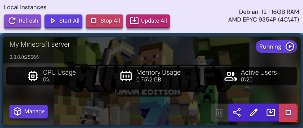 The Stop Instance button in a Minecraft instance of Game Panel