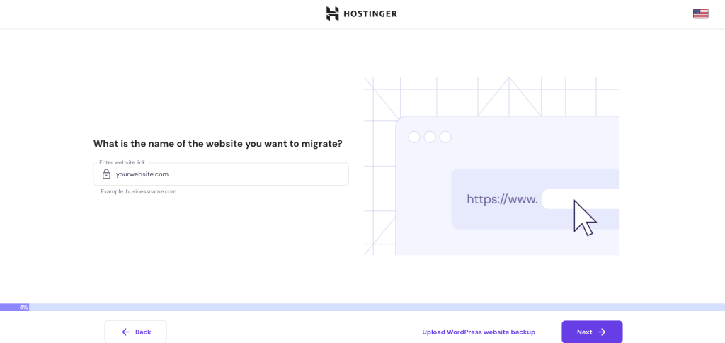 Hostinger's migration process prompting user to enter their website name