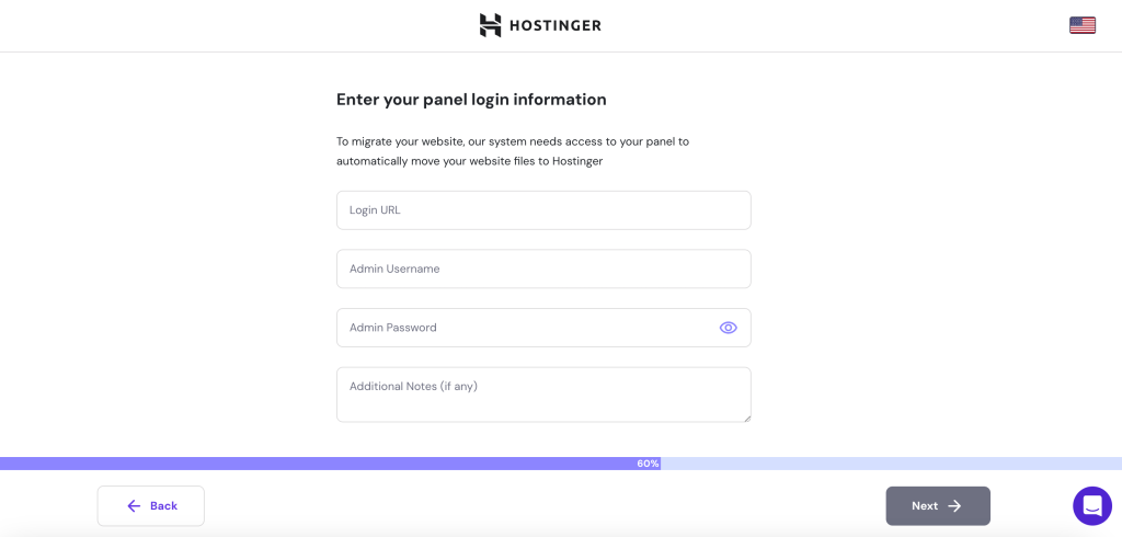 Hostinger migrations onboarding enter other panel details page