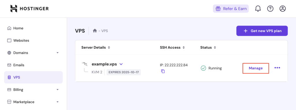 The Manage button in hPanel's VPS section
