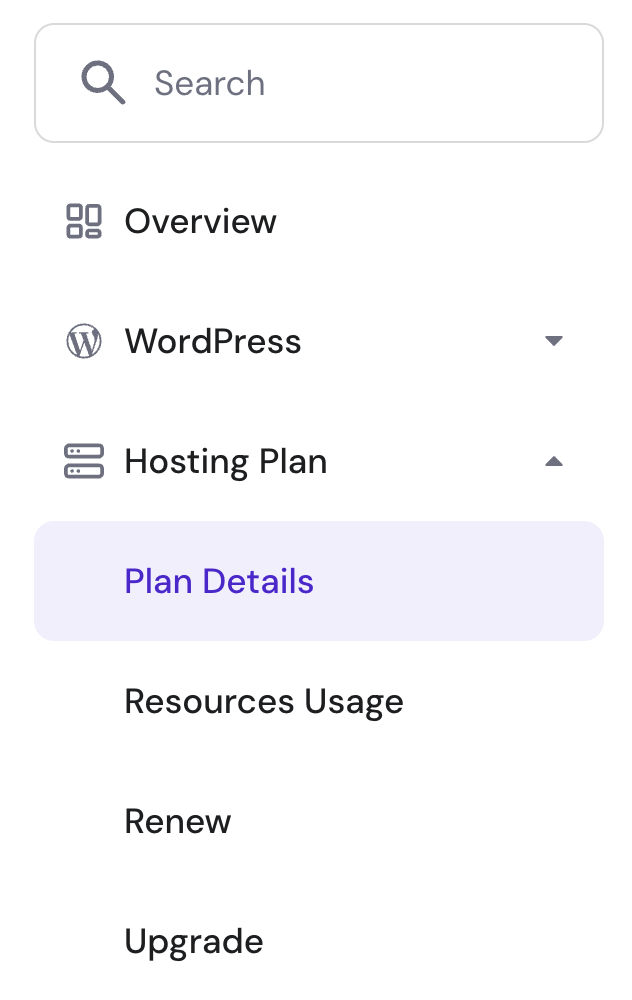 The Plan Details menu in hPanel