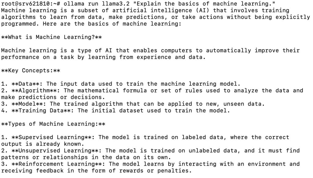 Terminal displaying an Ollama model's response about machine learning