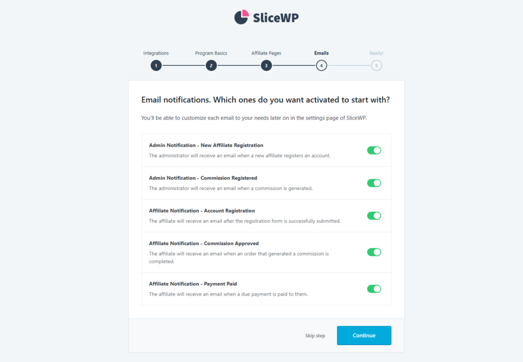 The email notification settings page on SliceWP's initial setup wizard