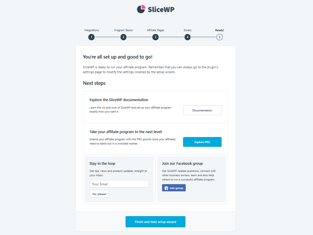 The finish page of SliceWP's initial setup wizard