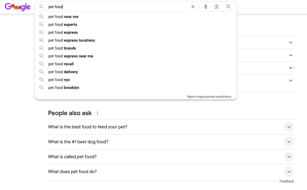 An example of how Google autocomplete and People Also Ask box work