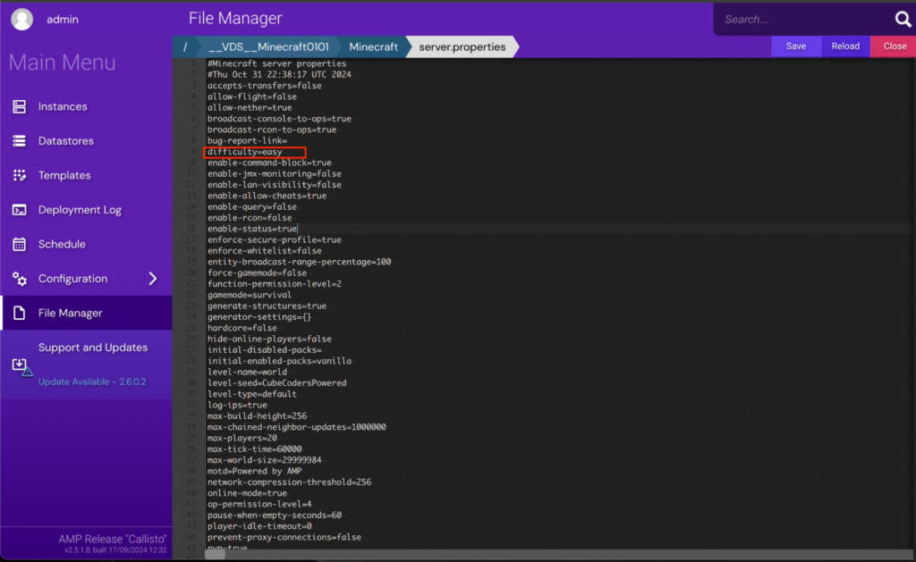 The Minecraft server.properties file open in Hostinger's File Manager, showing the difficulty=easy command