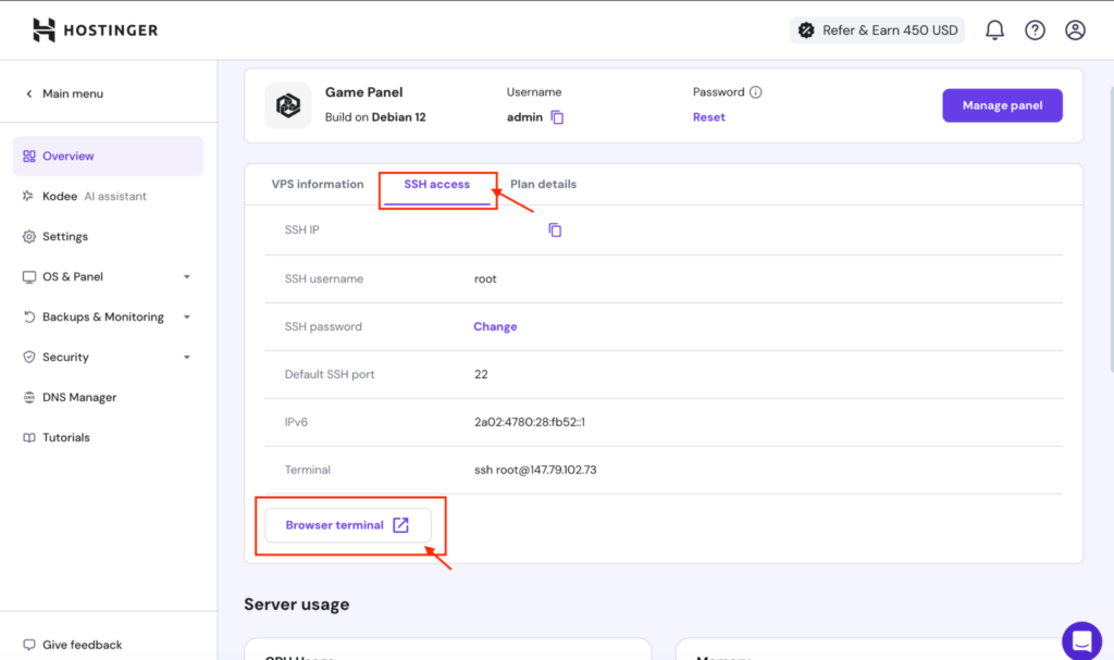 The Hostinger hPanel, showing the SSH access tab selected and the Browser terminal button highlighted