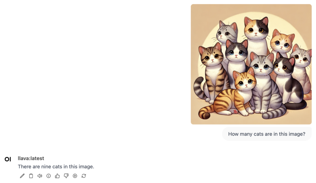 Llava's response to a cat image in Open WebUI