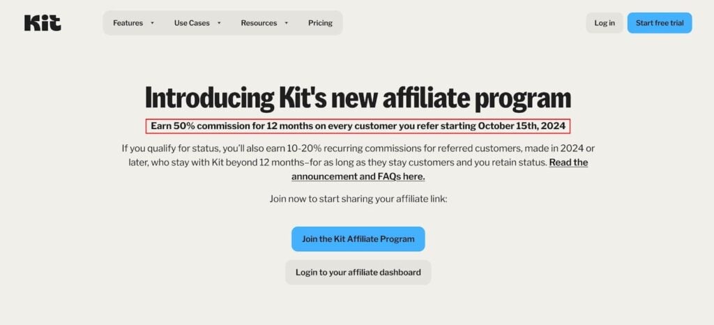 kit affiliate program example for recurring revenue