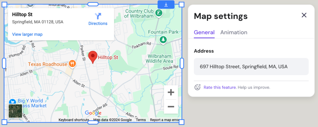 Maps settings panel within Hostinger Website Builder