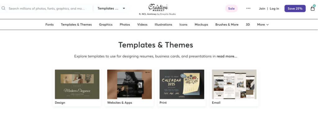 Templates & Themes page of Creative Market