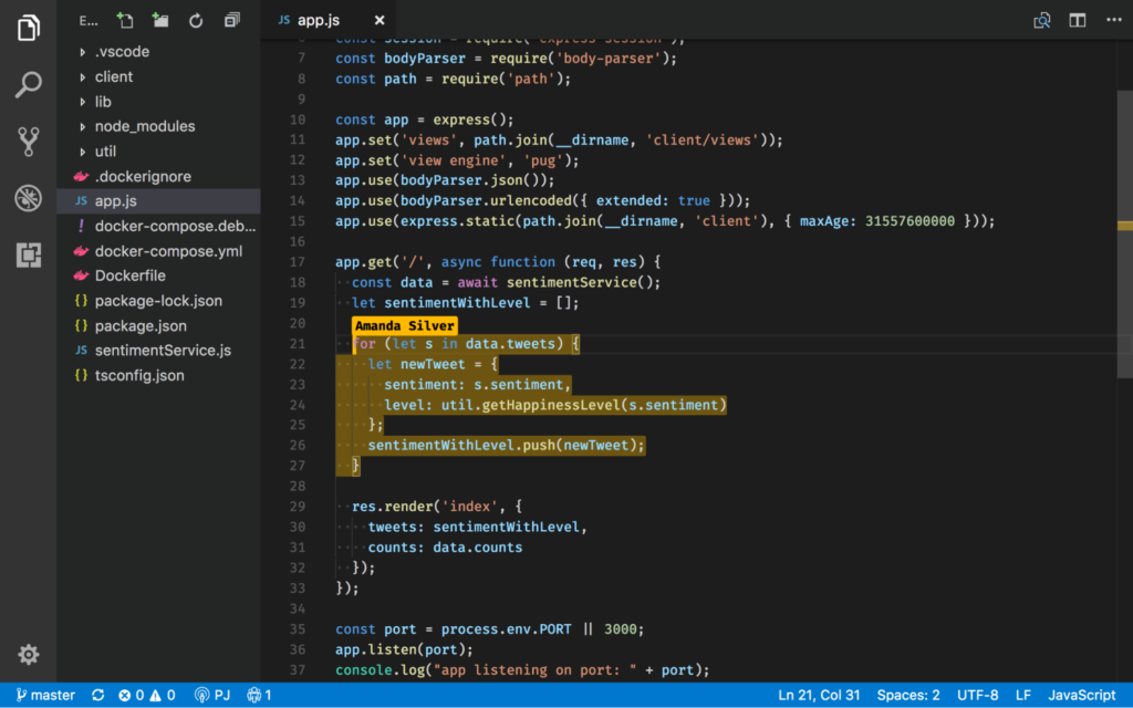 VS code editor window containing javascript code and a highlighted text with name Amanda Silver displayed above it