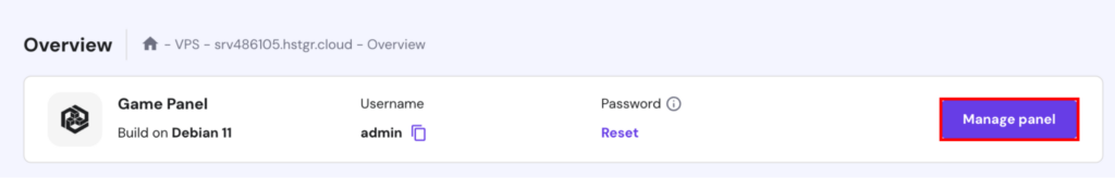 hPanel VPS management with Manage Panel highlighted