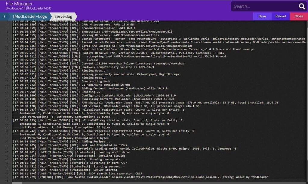 Game Panel file manager with server.log open