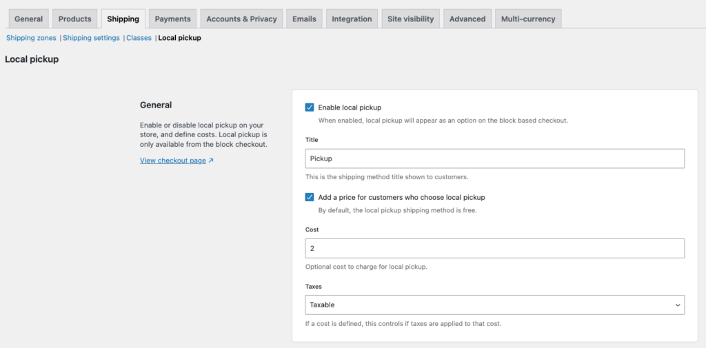 WooCommerce local pickup shipping method, showing general settings