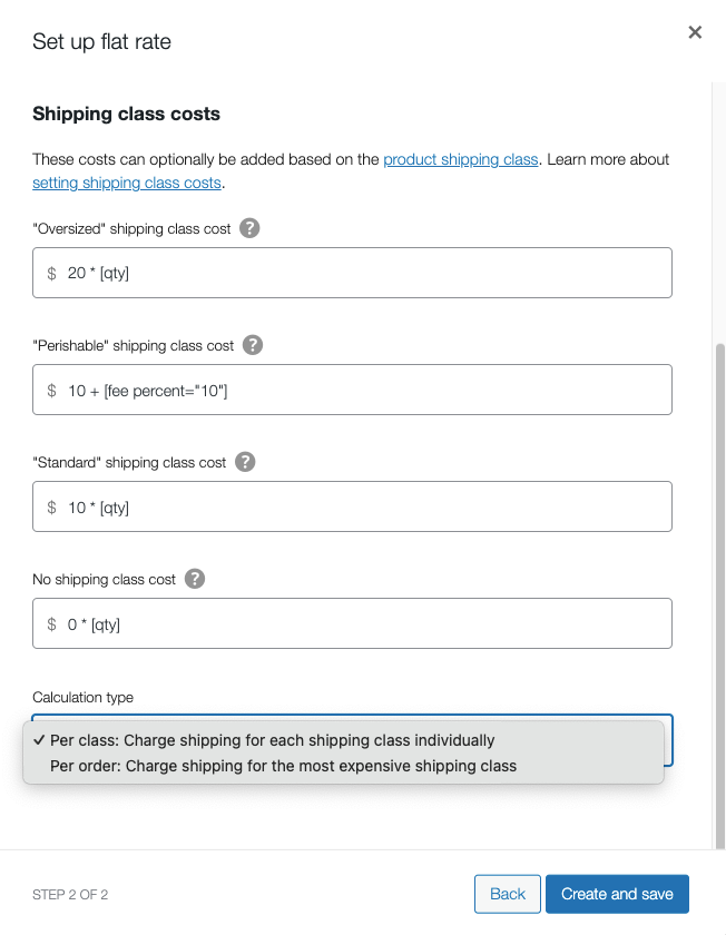 WooCommerce shipping class costs