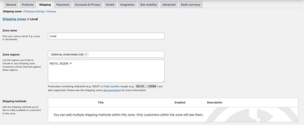 Adding a new shipping zone in WooCommerce