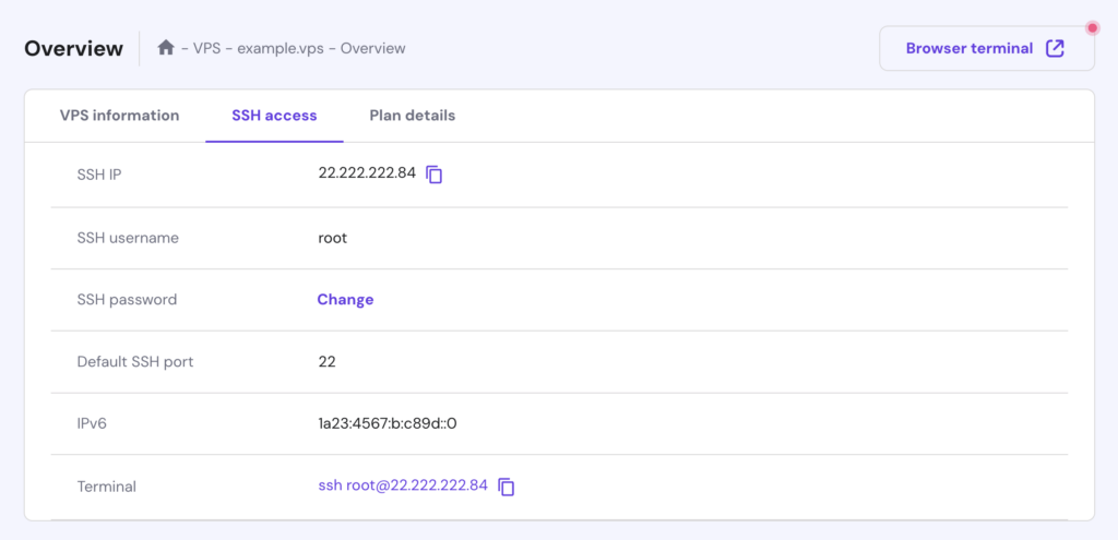 The SSH access tab in hPanel's VPS
