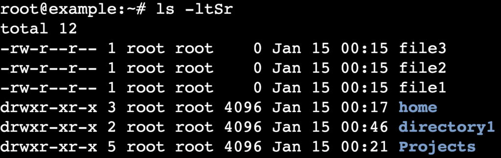 The ls -ltSr command's output in the terminal
