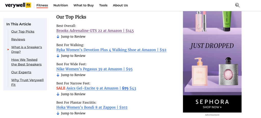 A Verywell Fit blog post, showing embedded affiliate links